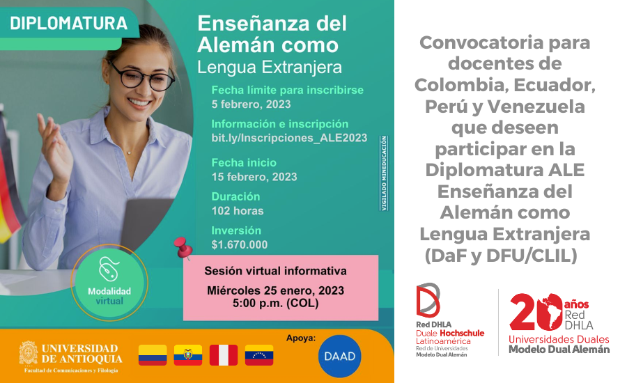 Convocatoria para docentes de Colombia, Ecuador, Perú y Venezuela que deseen participar en la Diplomatura ALE Enseñanza del Alemán como Lengua Extranjera (DaF y DFU/CLIL)